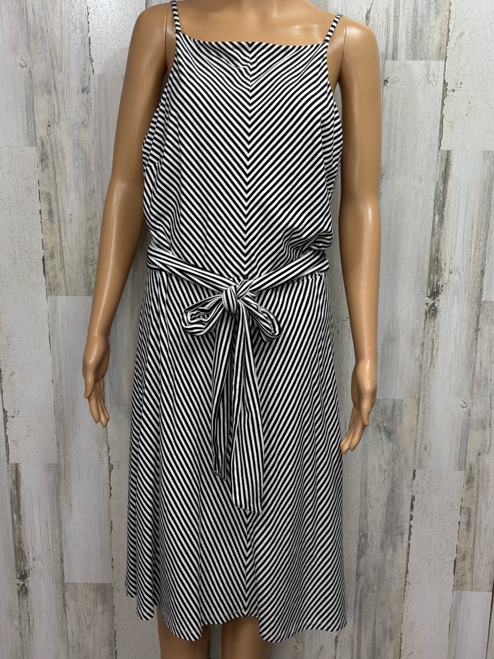 Ann Taylor Black and White Striped Midi Tie-Waist Dress‎
